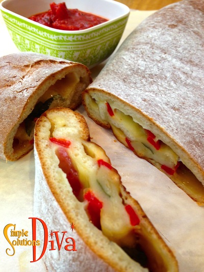 The Veggie & Cheese Stromboli with 2 types of cheese, roasted red peppers and fresh basil.