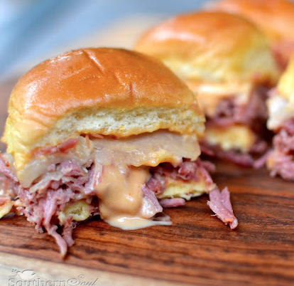 Slow Cooker Corned Beef Reuben Sliders from A Southern Soul.